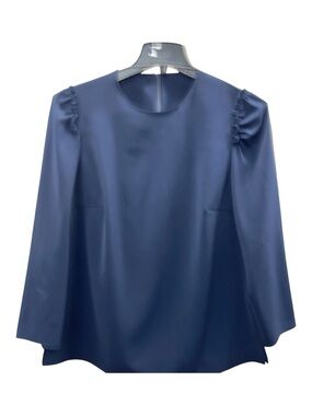 Akris Navy Long Ruffled Sleeve Round-Neck Blouse Sz 12 EUC